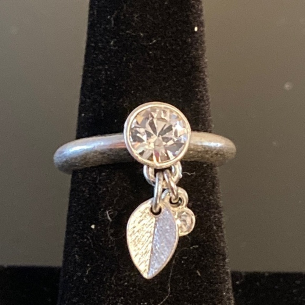Chic Silver Ring with Crystal and Leaf Charm size multiple sizes available